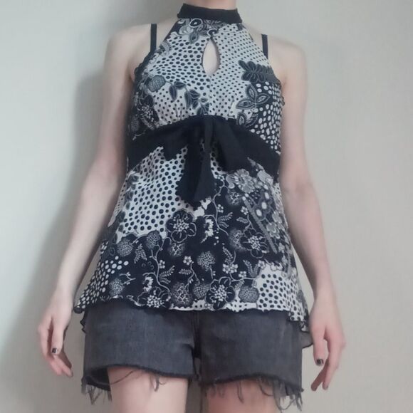 Vintage Floral Print Halterneck Sleeveless Blouse - Picture 2 of 13